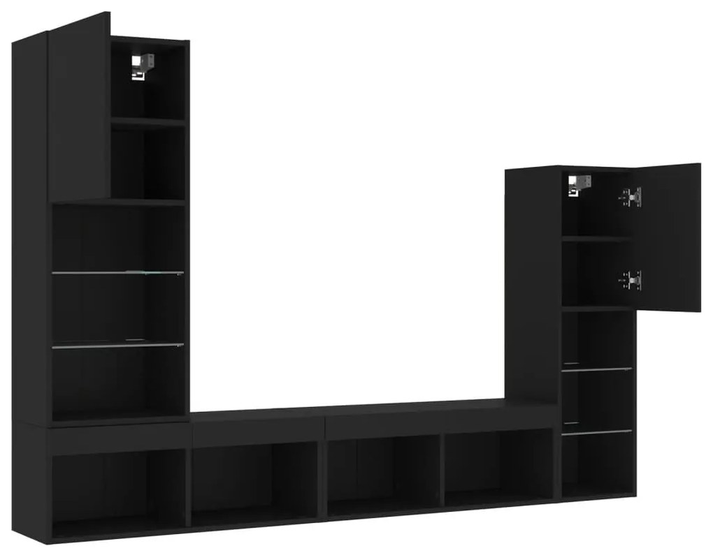 4 darab fekete szerelt fa fali TV-bútor LED-del