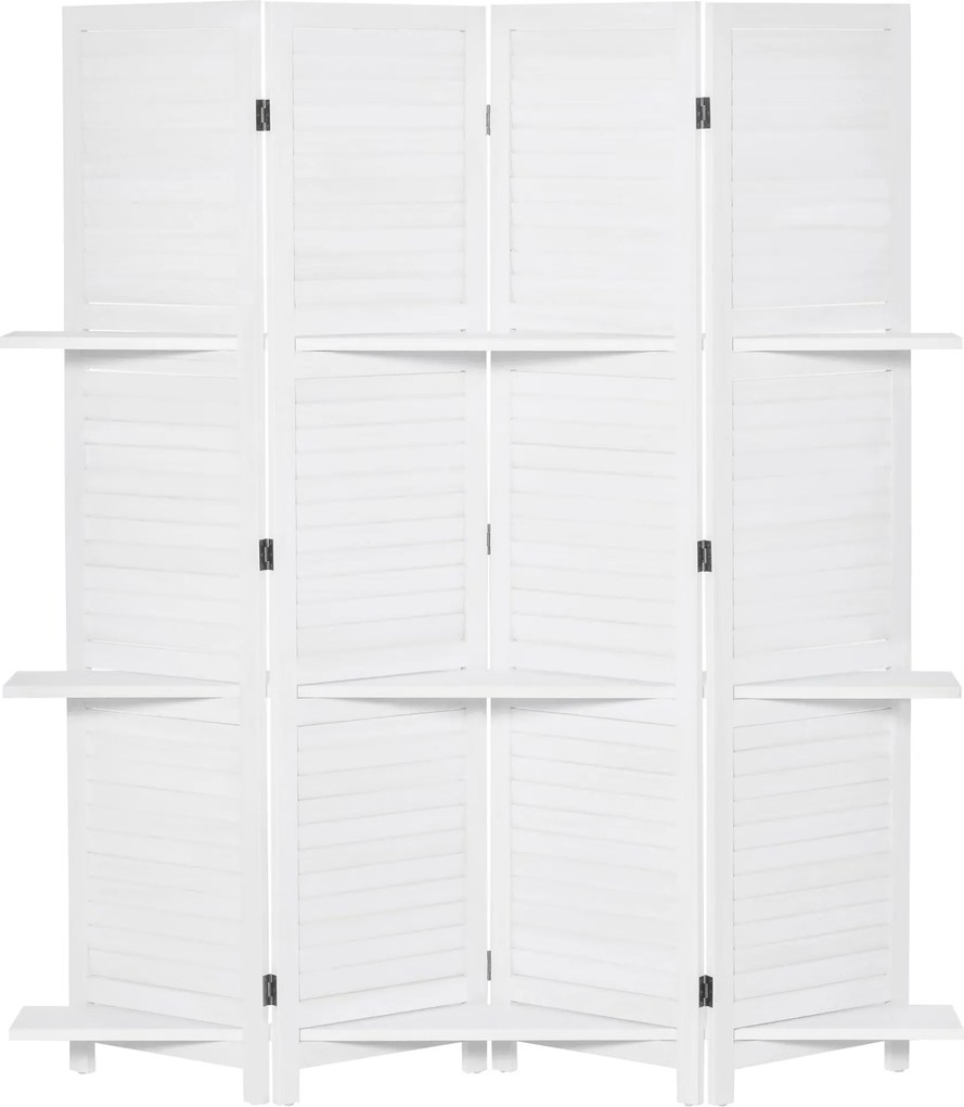 HOMCOM 4-Panel Fa Szobai Elválasztó Hajtható Partíció 3 Leválasztható Polccal Zsalugáteres Kialakítással Hálószobába Irodába 160x170 cm Fehér | Aosom