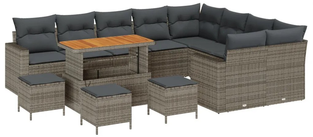 13 Részes Kert Kanapé Szett Párnákkal Szürke Poly Rattan Akác, 4 Részes Kert Étkező Szett Párnákkal Szürke Poly Rattan Akác