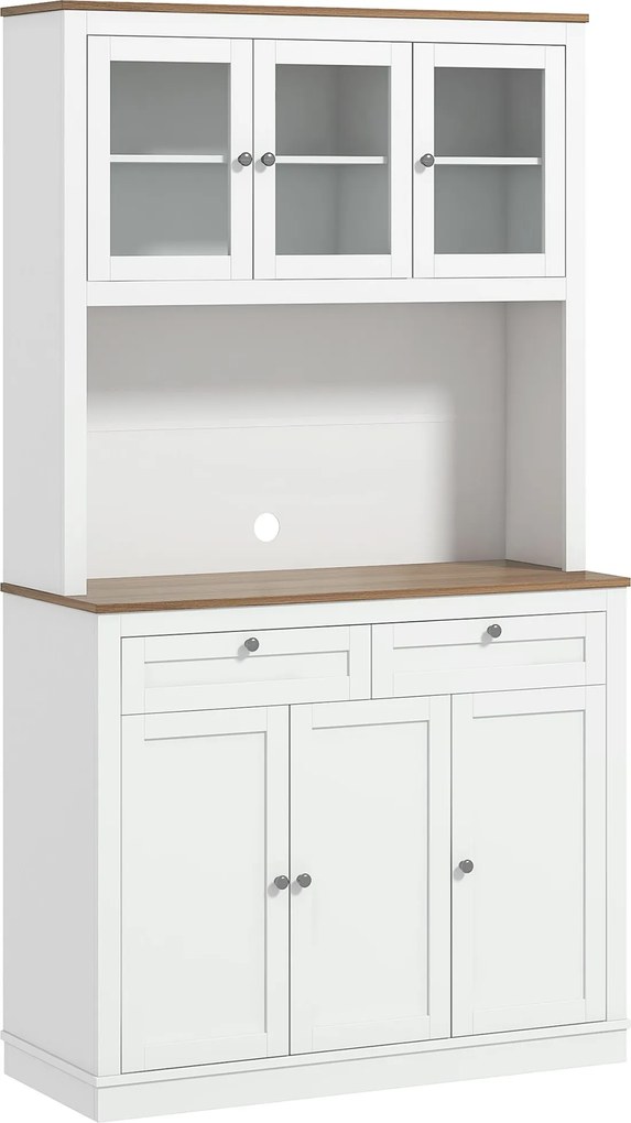 HOMCOM Konyhai Kamra Segéd Konyhaszekrény Konyhai Buffet 3 Üvegajtóval, Nyitott Rekesszel, 2 Fiókkal és Állítható Polcokkal 100x40x180 cm Fehér | Aoso