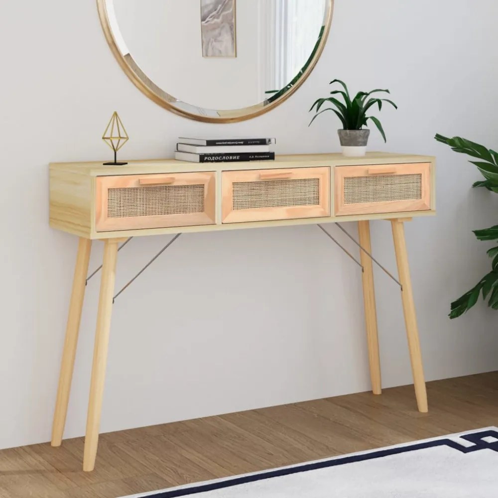 barna tömör fenyő és természetes rattan kisasztal 105x30x75 cm
