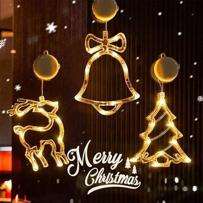 LED-es ablaklámpa tapadókorongokkal rénszarvas alakú csengő karácsonyfa 3 db