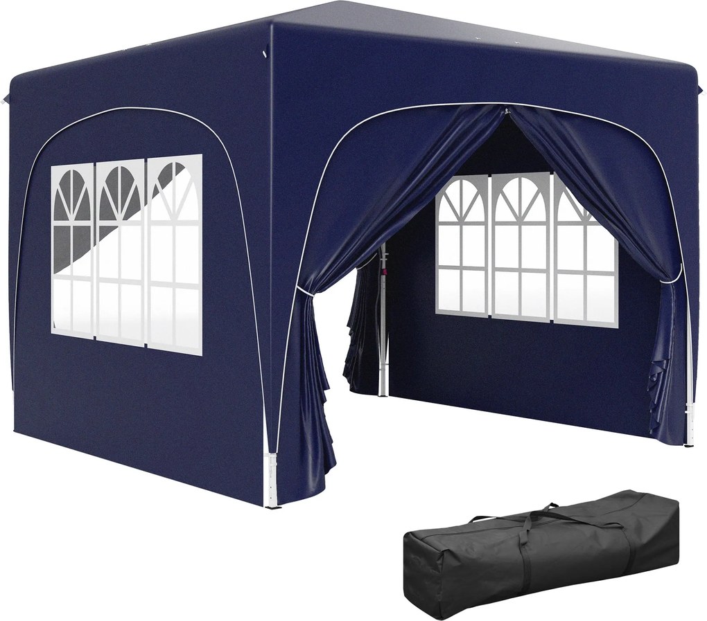 Outsunny 3x3m-es Pavilon, Vízálló Stabil Téli Pavilon, UV Védelem 50+, Összecsukható Party Pavilon Négy Oldallel és Táskával Kerthez, Sötétkék | Aosom
