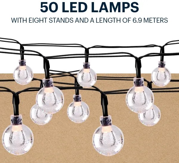 Grundig - LED napelemes lánc 50 LED, 8 funkció, 6,9 m, meleg fehér, 600 mAh