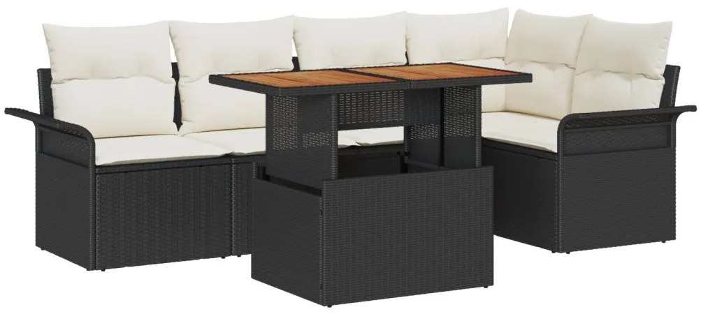 6 darabos kerti étkező szett párnákkal fekete poli rattan akáciával