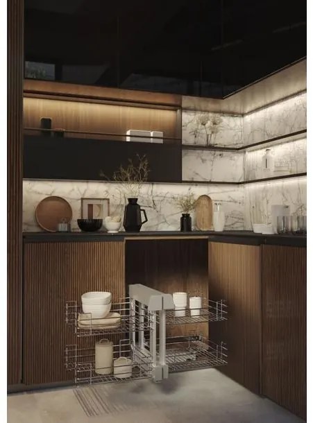 Konyhai fémrács, sarokszekrénybe, teljes kihúzás, csillapított záródás, antracit, univerzális,  900mm, 450mm ajtó szélesség, Sige Green Line 340