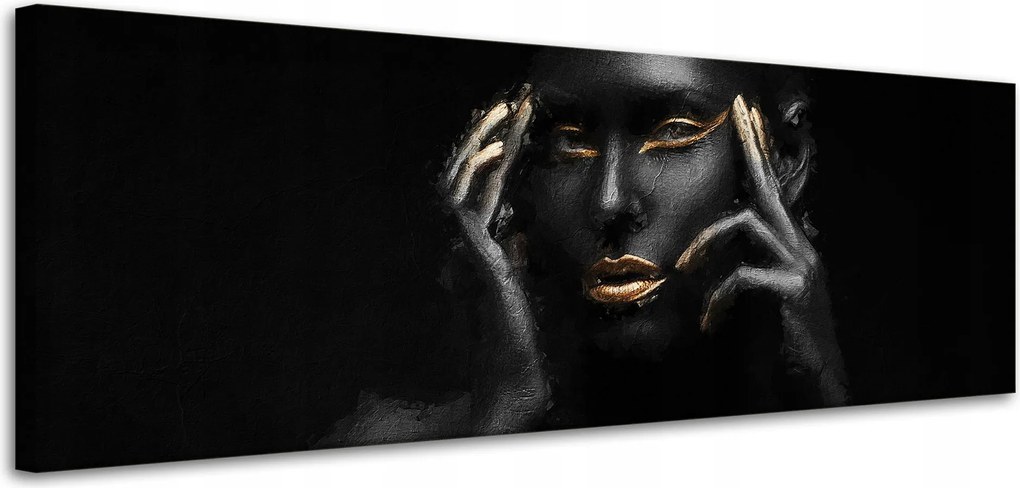 Vászonkép Fekete nő Arany száj és szemek 120x40 cm