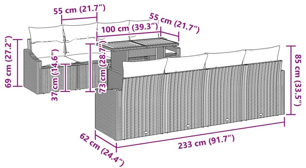Kertiszofa Szett 7 Darabos Fekete Rattan Kertiszofa