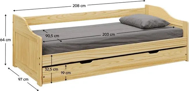 Ágy kihúzható pótággyal, természetes, tömörfa, 90x200, LAURA NEW