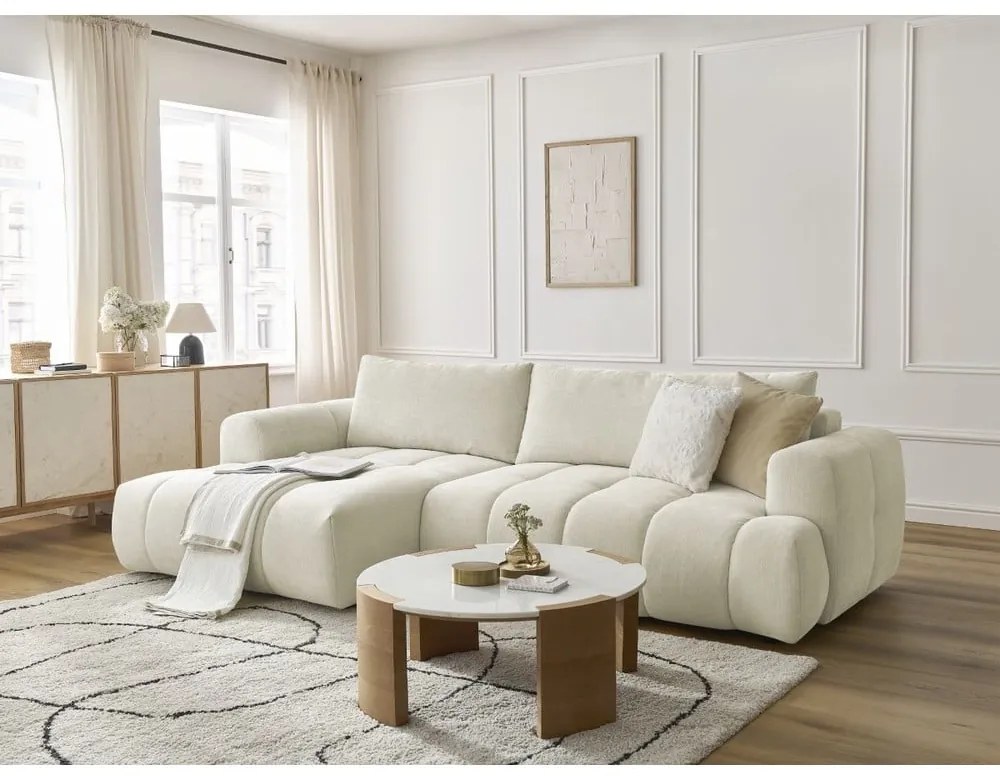 Bézs kinyitható-tárolóhelyes sarokkanapé (bal oldali-heverő résszel) Fuji – Bobochic Paris