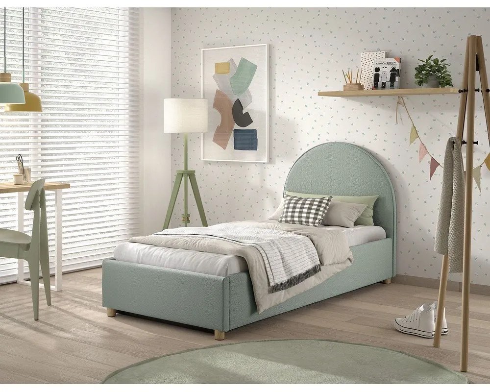 Zöld kárpitozott ágyneműtartós egyszemélyes ágy ágyráccsal 90x200 cm Moon – Vipack