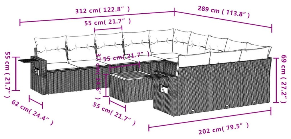 12 részes fekete polyrattan kerti ülőgarnitúra párnákkal