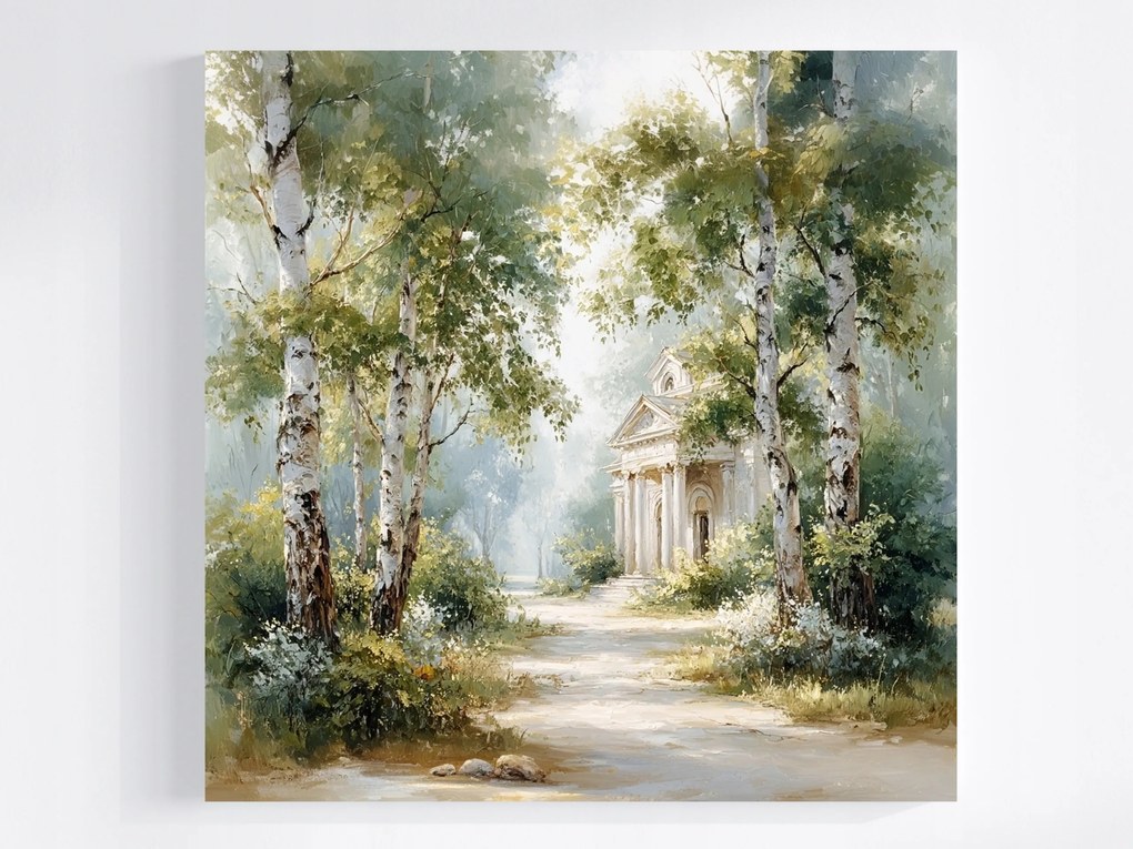 Vászonkép Canvas Tájkép Erdő Park Nyírfa Ösvény Templom 40x40
