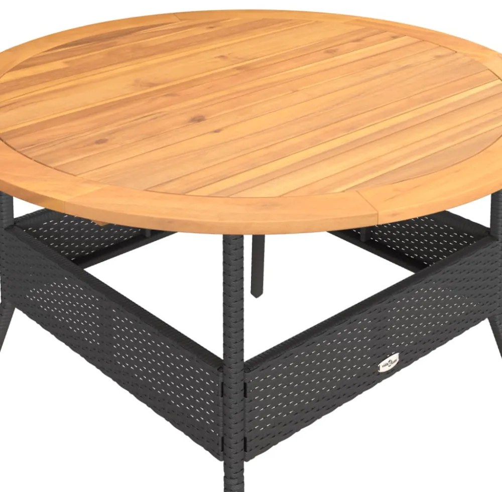 fekete polyrattan kerti asztal akácfa lappal Ø110 x 71 cm