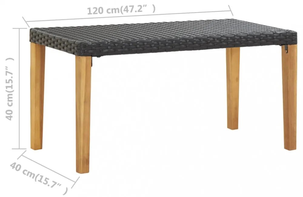 fekete polyrattan és tömör akácfa kerti pad 120 cm