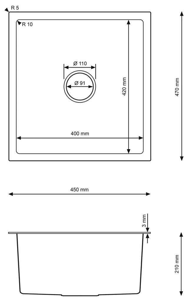 Erga HD, 1 kamrás acél mosogató 470x450x210 mm, acél, ERG-MLS-HD4745