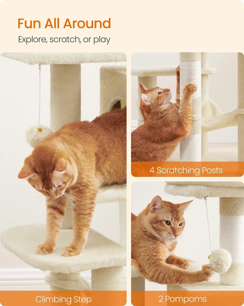 Macska kaparófa, cicatorony, 4 kaparóval, 2 pihenőhely, 40x40x112cm,  bézs