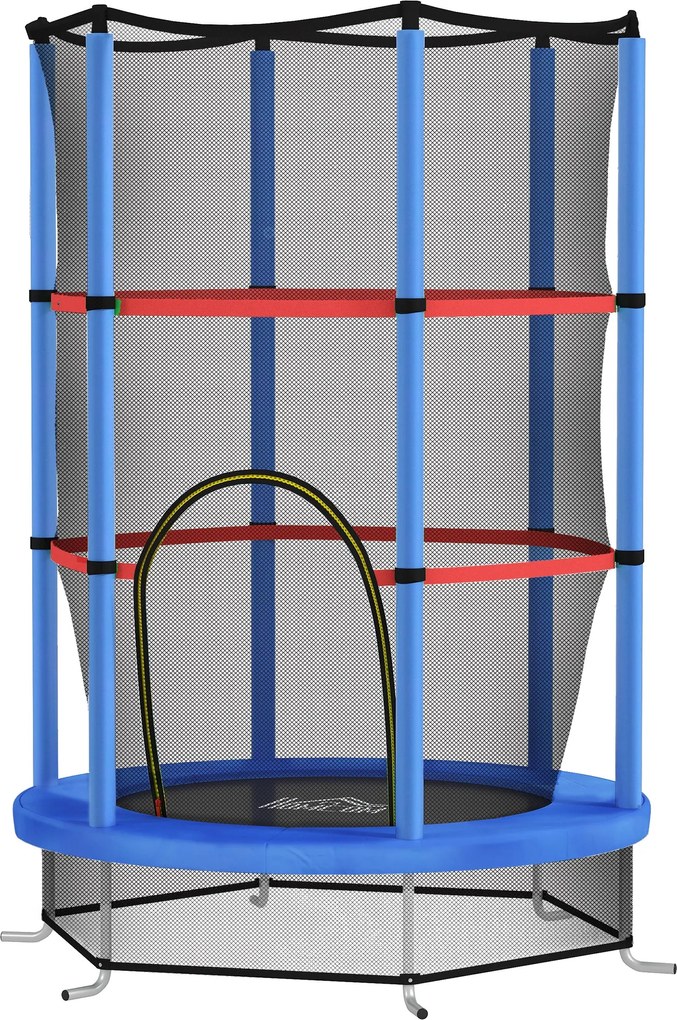 HOMCOM Gyerek Trambulin 3-6 Év között Biztonsági Hálóval, 6 Oszloppal és Bejáratokkal, PE, Műanyag és Fém Trambulin, Ø140x190 cm, Kék és Fekete | Aoso