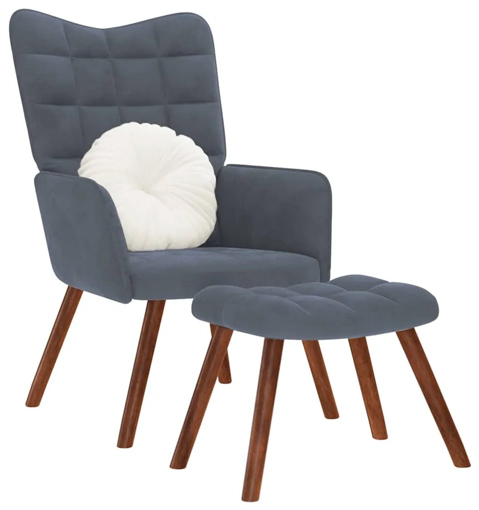 sötétszürke bársony pihenőfotel zsámolynal