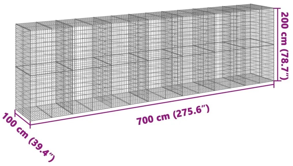 horganyzott vas gabion kosár fedéllel 700 x 100 x 200 cm