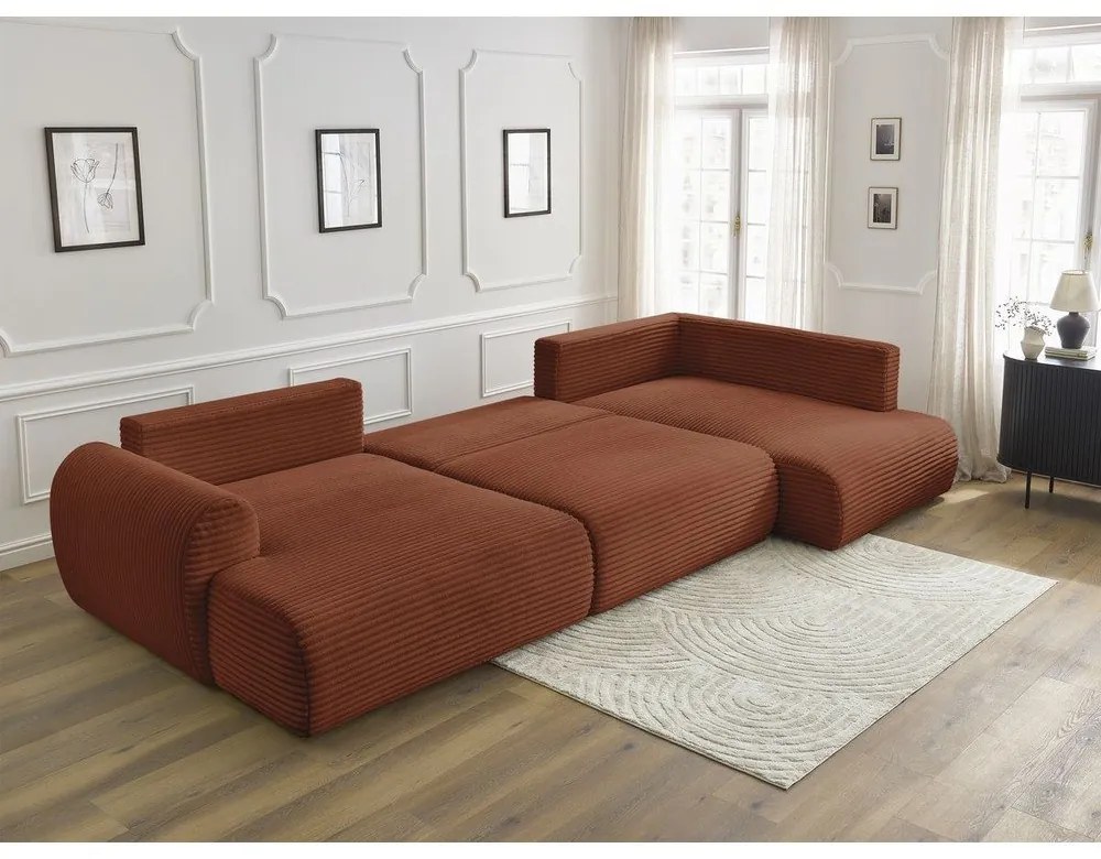Téglavörös kordbársony kinyitható sarokkanapé (bal oldali-U alakú) Lucien – Bobochic Paris