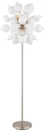Globo 15633SO Állólámpa fém nikkel matt, fehér színű üveggömbök, fekete PVC kábel, lábpedálos kapcsoló a kábelen, ø: 550mm, M: 1550mm, kábel hossza 1800mm, üveggömbök átmérője: 24 x 6 cm, 24 x 10 cm, 6x E14 25W 230V izzók nélkül