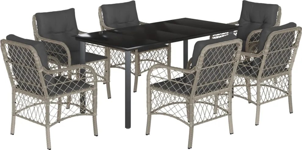 vidaXL 7 részes világosszürke polyrattan kerti étkezőszett párnával