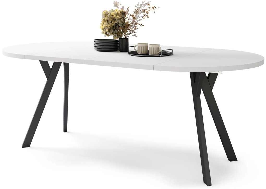 Mazzoni ALMO Fehér Matt/fekete lábak - BŐVÍTHETŐ KEREK ASZTAL Y ALAKÚ LÁBAKKAL LOFT/IPARI STÍLUSÚ NAPPALIBA/ÉTKEZŐBE