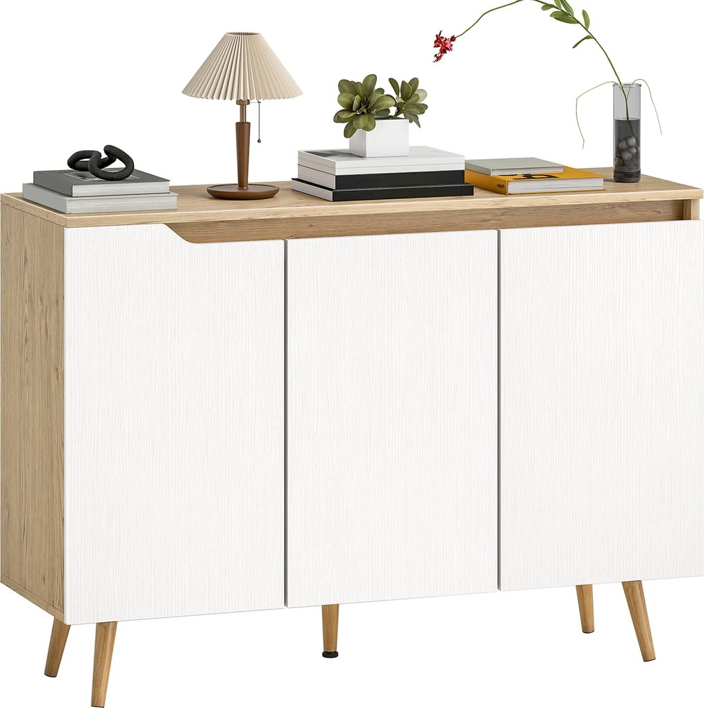 HOMCOM tálalószekrény, 3 ajtós, 2 állítható polc, 5 Hevea gumifa láb, rusztikus tölgy/fehér, 107 x 35 x 76,5 cm | Aosom