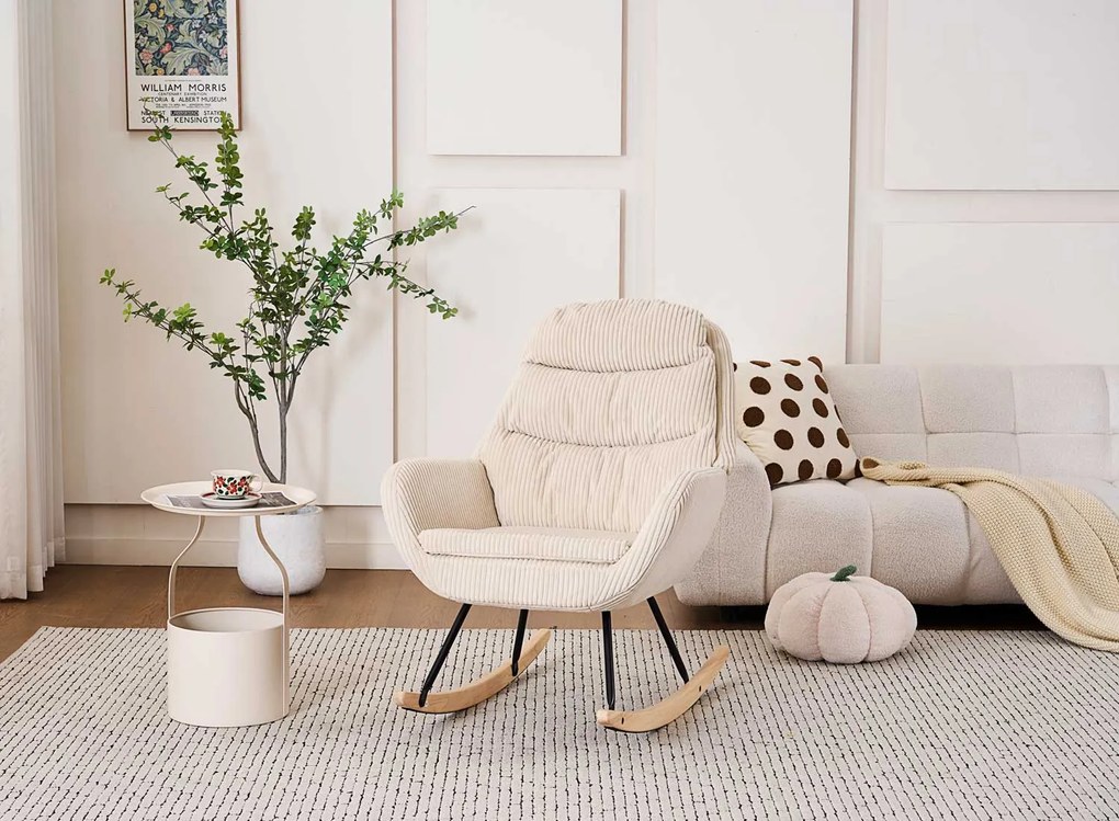 Hintaszék, relaxációs szék, szoptatós fotel kordbársony kárpitozással, krém-bézs színű