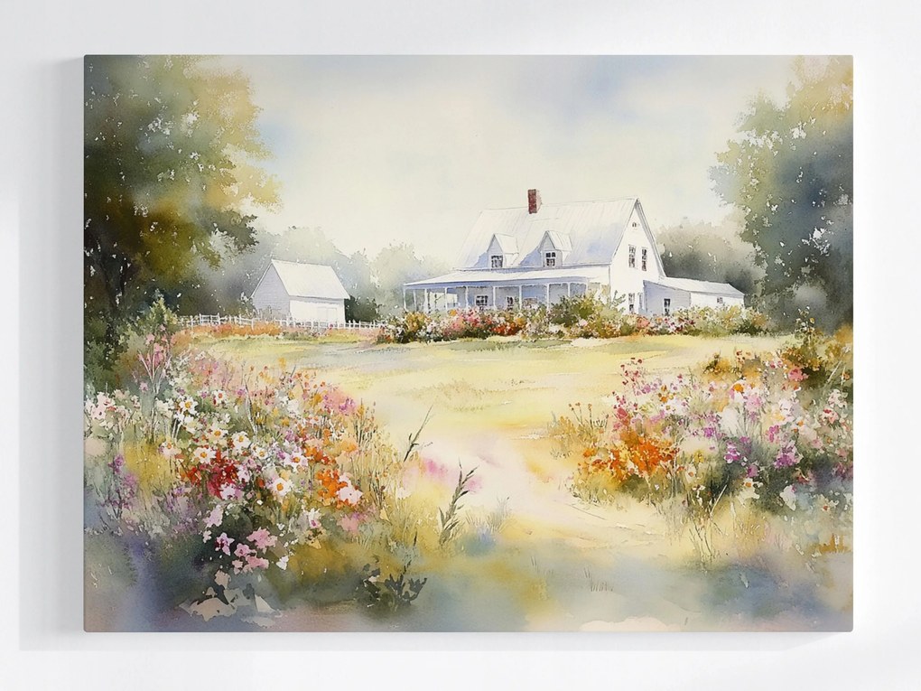 Vászonkép Canvas Tájkép Falu Ház Veranda Virágok Tavasz Nyár 80x60