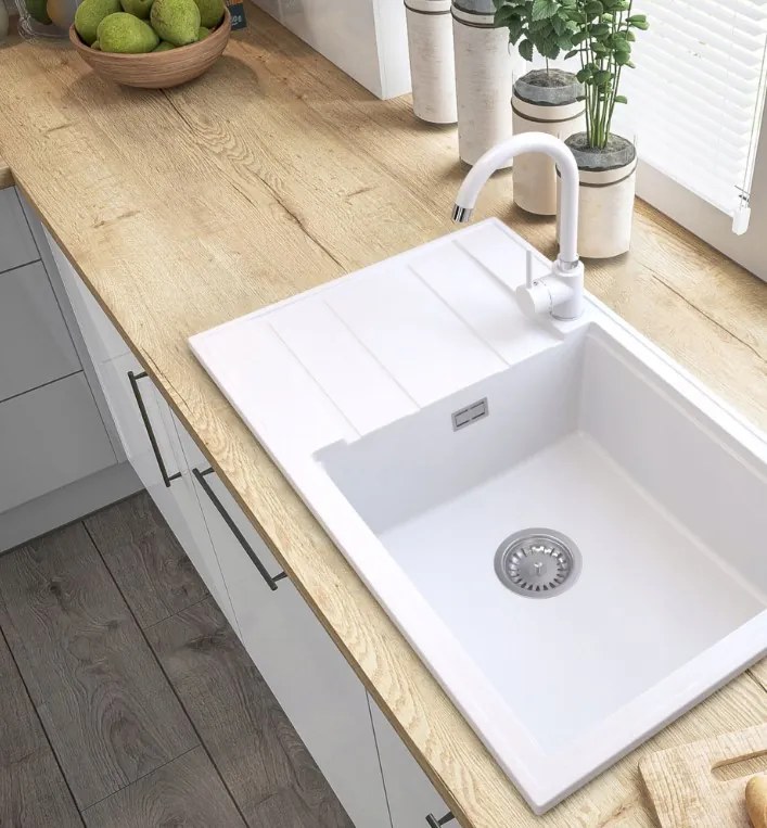 SINK Quality Mosogató minőségi Ferrum New 8010, 1 kamrás gránit mosogató 800x500x210 mm + arany szifon, fehér, SKQ-FER.8010.WH.XG