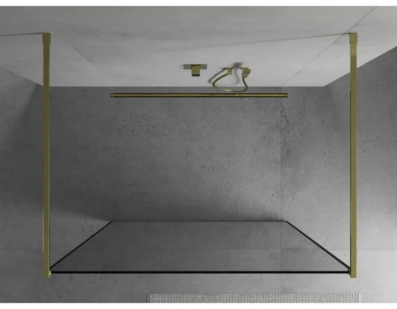Mexen Kioto, átmenő zuhany paraván 120 x 200 cm, 8mm üveg tiszta / fekete mintás, arany- 800-120-002-50-70