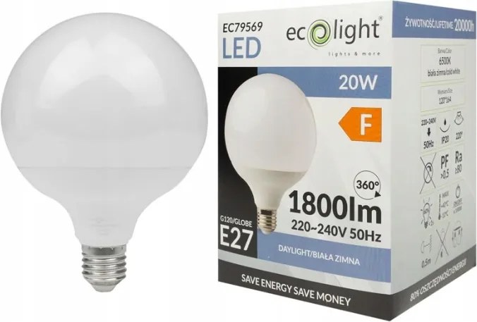 Led izzó Gömb G120 E27 20W 1800lm 6500K Hideg Ecolight
