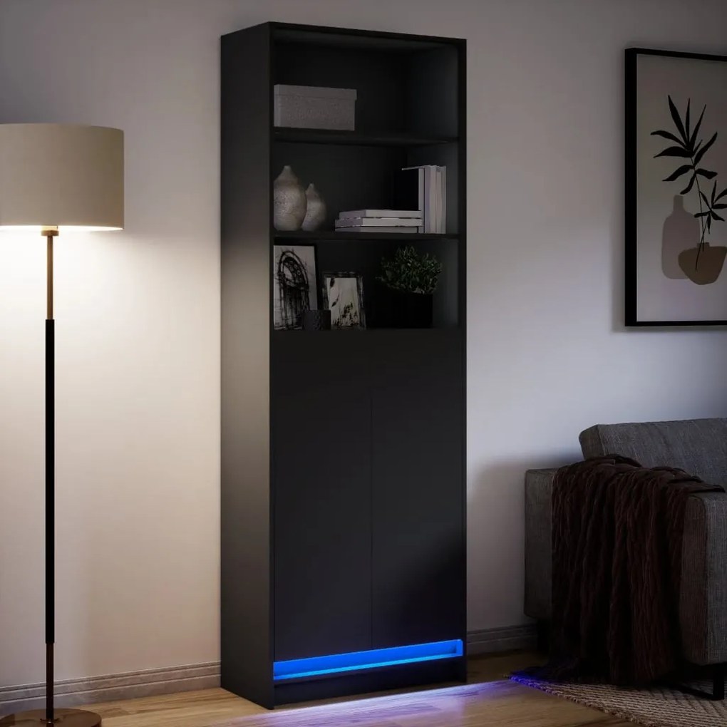 fekete szerelt fa magasszekrény LED-ekkel 69x 32,5 x 200 cm