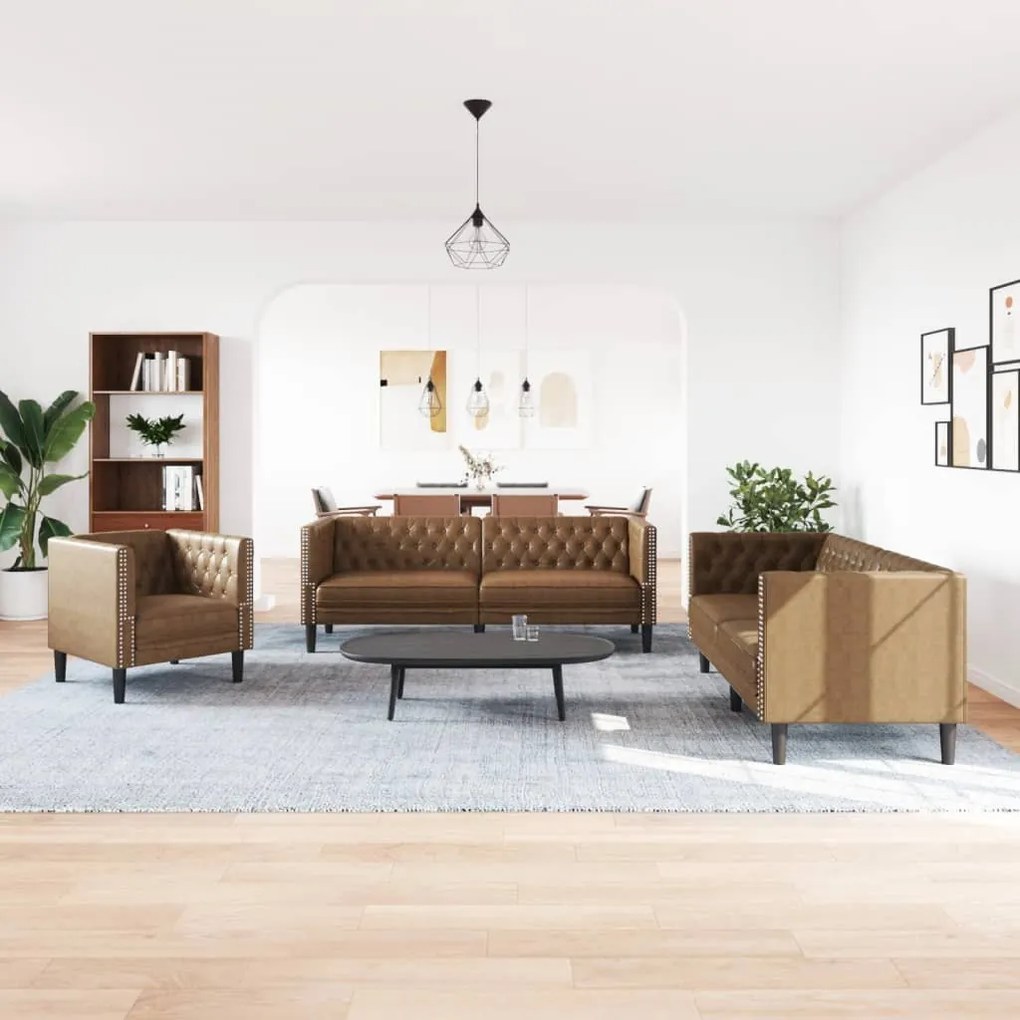 3 részes barna művelúr Chesterfield kanapégarnitúra