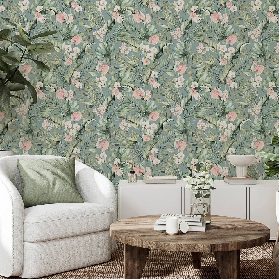 Arthouse Signature 1 Tropical Floral kék-rózsaszín trópusi papír tapéta – 924905