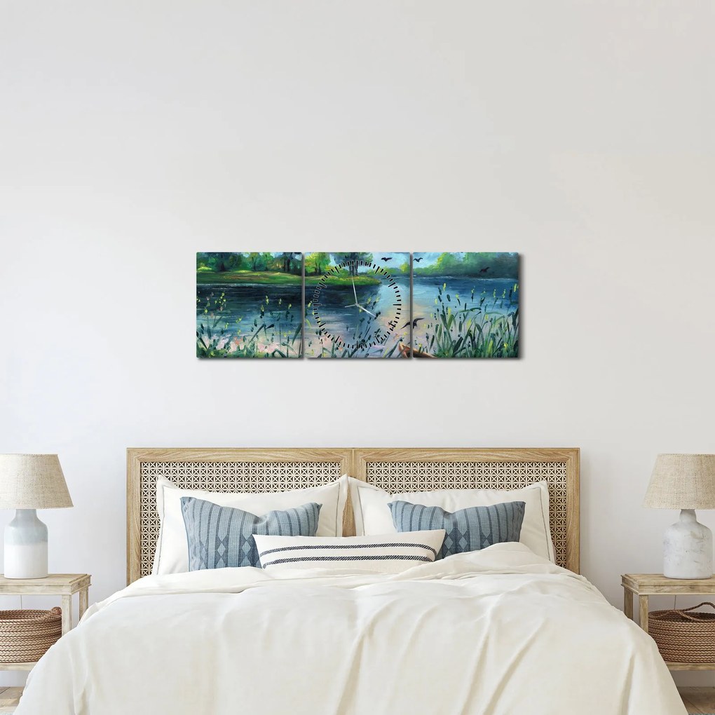 Kép - olajfestmény, Nyári este a tónál (órával) (90x30 cm)