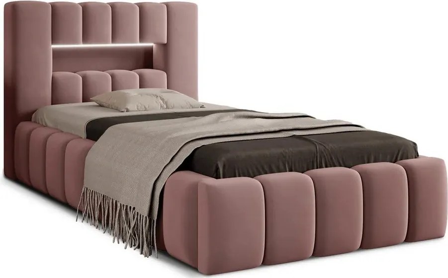 Rózsaszín kárpitozott ágyneműtartós egyszemélyes ágy ágyráccsal 90x200 cm Lamica – ELTAP