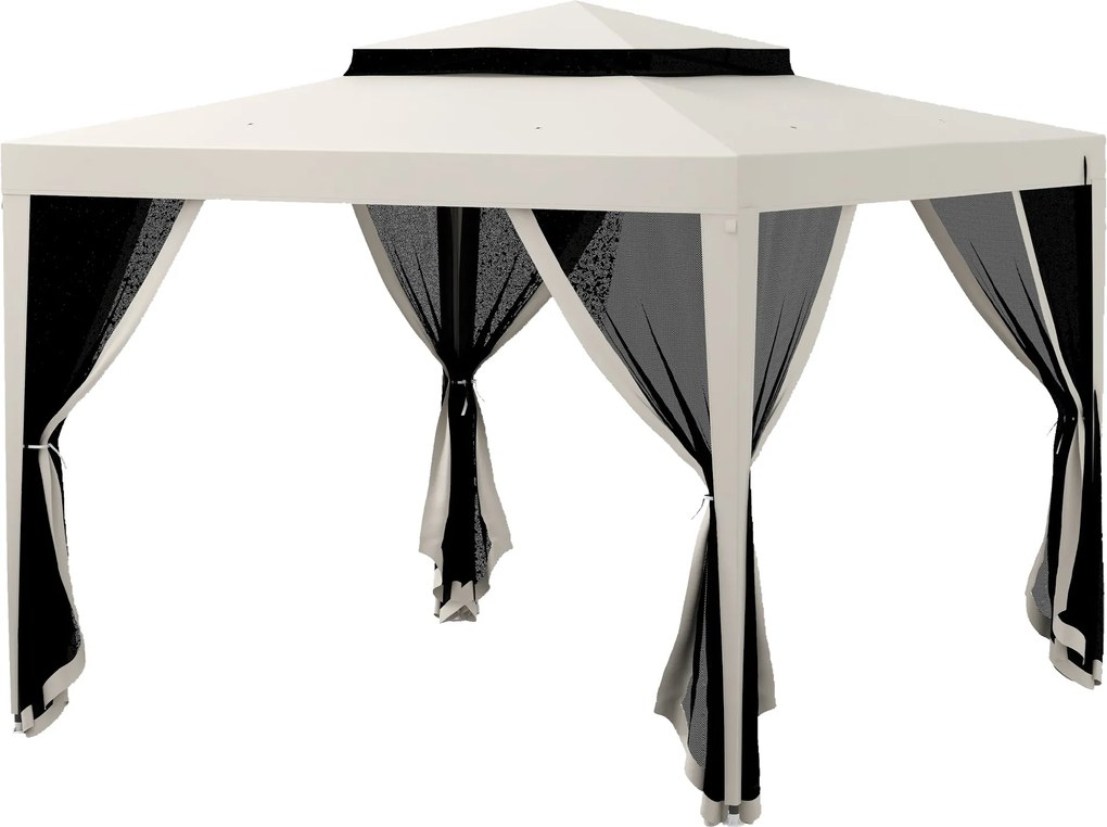Outsunny Kerti Pavilon 3x3 m Állítható Kültéri Napernyő 4 Oldali Szúnyoghálóval, Dupla Tetővel és UV Ellenálló Fém Váz a Teraszra és Pavilonra Krém |