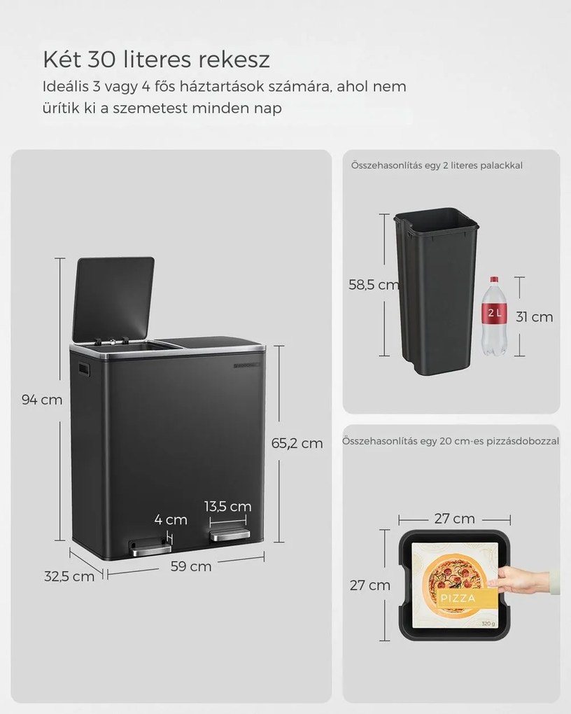 SORT hulladékgyűjtő tartály, 2x30l + hulladékgyűjtő zsákok, ekete/ezüst SongmicsHome