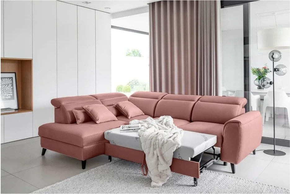 Rózsaszín bársony kinyitható-tárolóhelyes sarokkanapé (bal oldali-L alakú) Noble – ELTAP