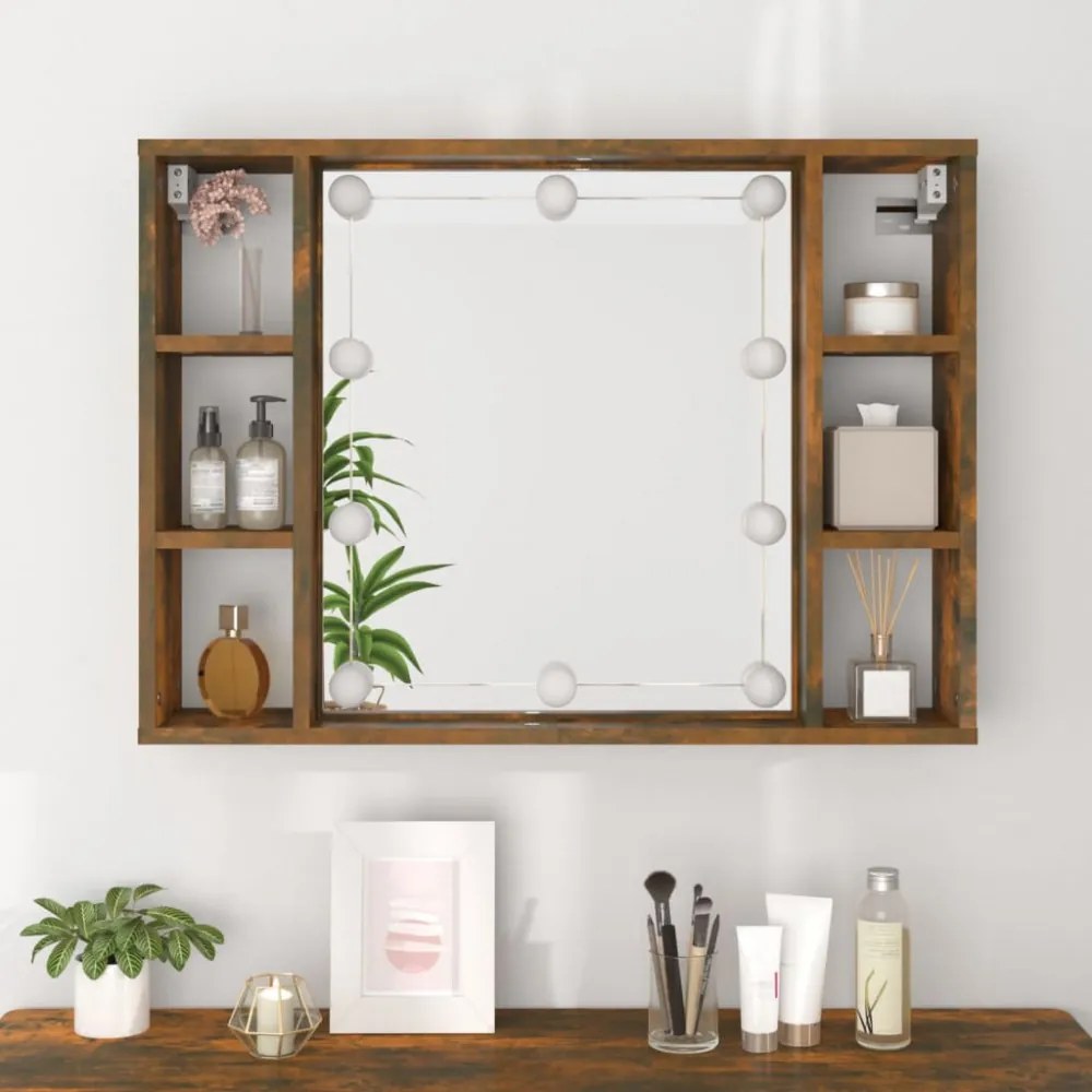 füstös tölgy színű tükrös szekrény LED-ekkel 76 x 15 x 55 cm