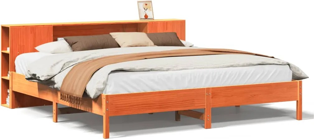 vidaXL barna tömör fenyőfa könyvespolcos ágy matrac nélkül 200 x 200cm