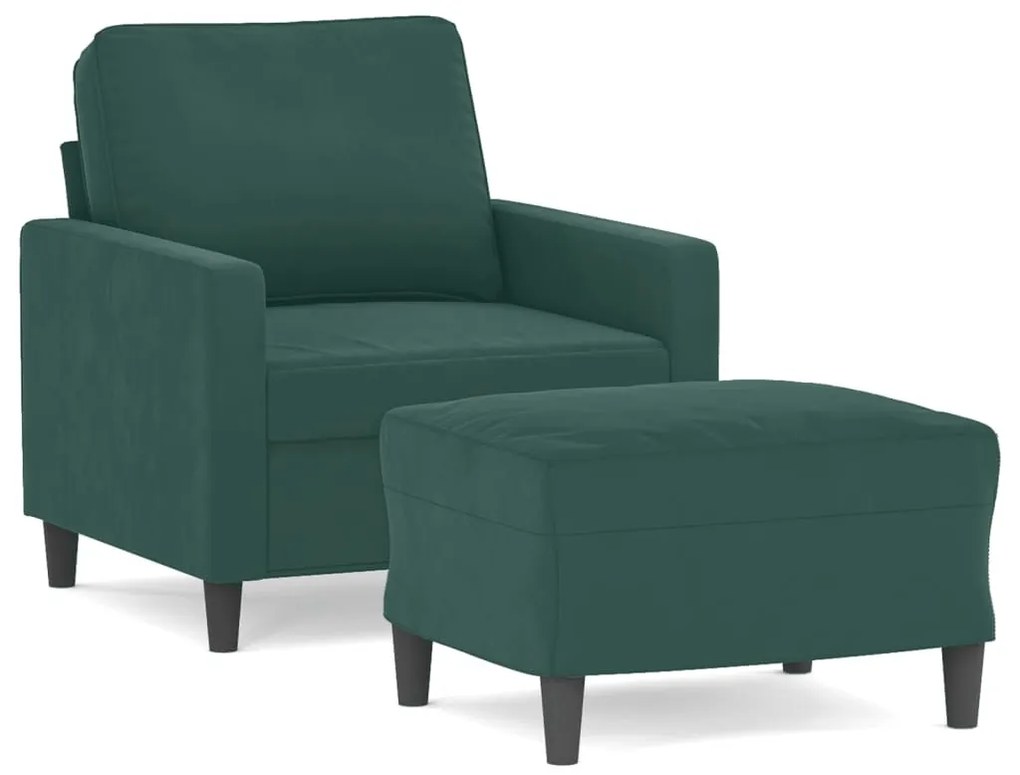 sötétzöld bársony kanapéfotel lábtartóval 60 cm