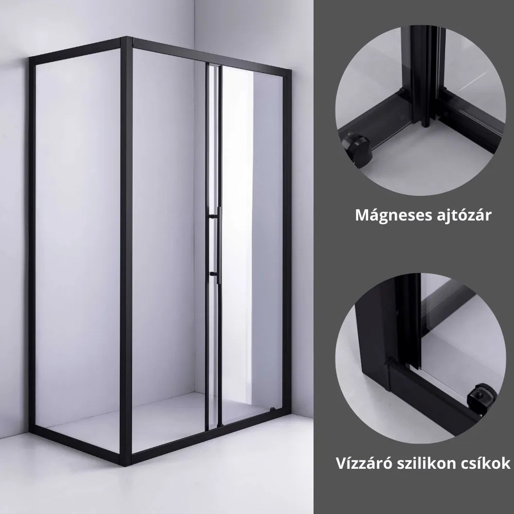 Stuxi Nizza Black 110x70 aszimmetrikus szögletes tolóajtós zuhanykabin 6 mm vízlepergető biztonsági üveggel, fekete elemekkel, 200 cm magas