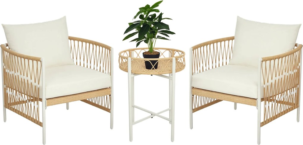 Outsunny 3 részes Rattan Kerti Bútor Szett, Terasz Bútor 2 Kerti Székkel, Kávézó Asztallal, Erkély Bútor Szett Párnákkal, Sárga+Krém | Aosom
