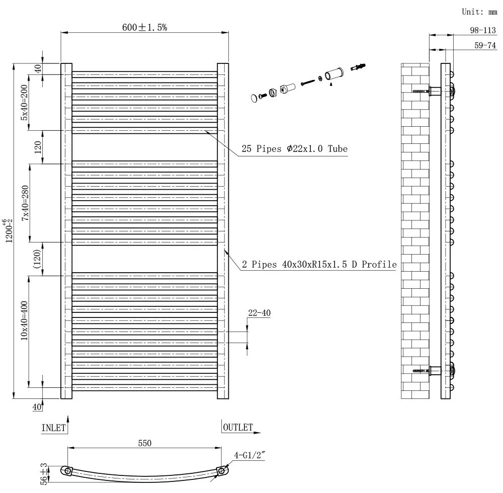 Íves törölközőszárító radiátor 1200x600 mm fekete