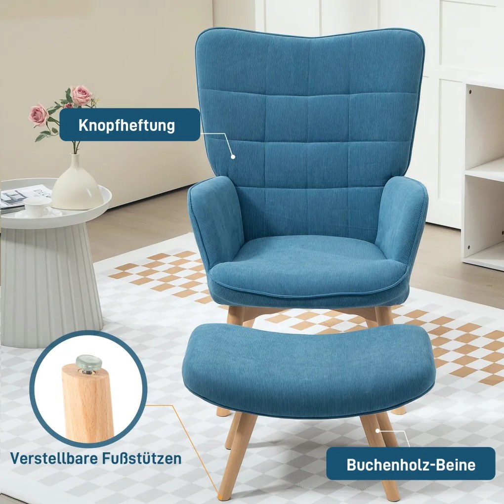 Karfás fotel lábtartóval, relax fotel, kárpitozott, kordbársony hatású, kék