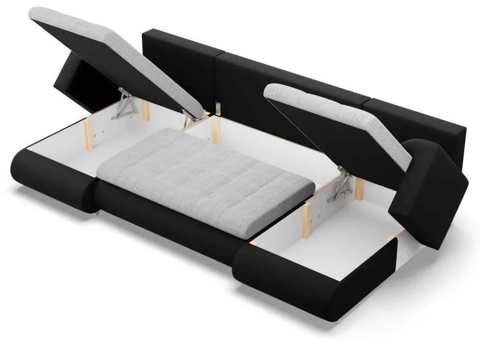 Tokio U alakú sarokkanapé, 3 ágyneműtartóval, fonott + műbőr, univerzális oldal, szürke - fekete